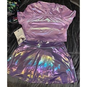 🌸✨NWT - OUTFIT-  Purple Holographic Shein Cropped Tee, Skort, and Earrings